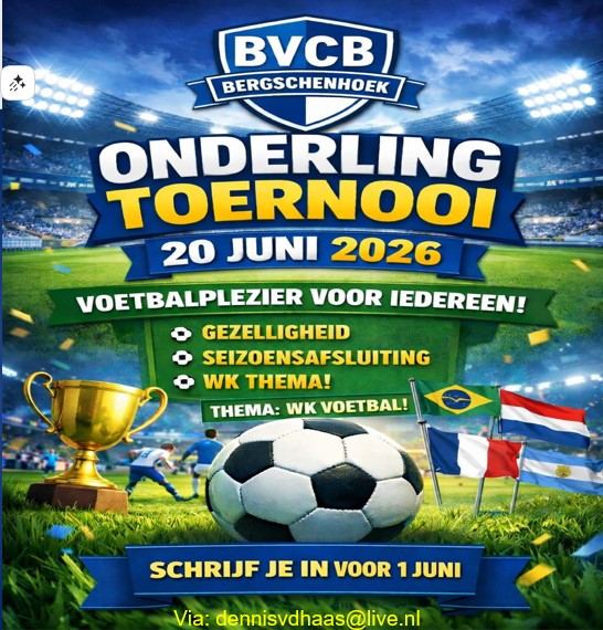Zaterdag 20 juni sluit BVCB het voetbalseizoen af met een gezellig onderling toernooi   aansluitend NL Elftal op groot scherm
